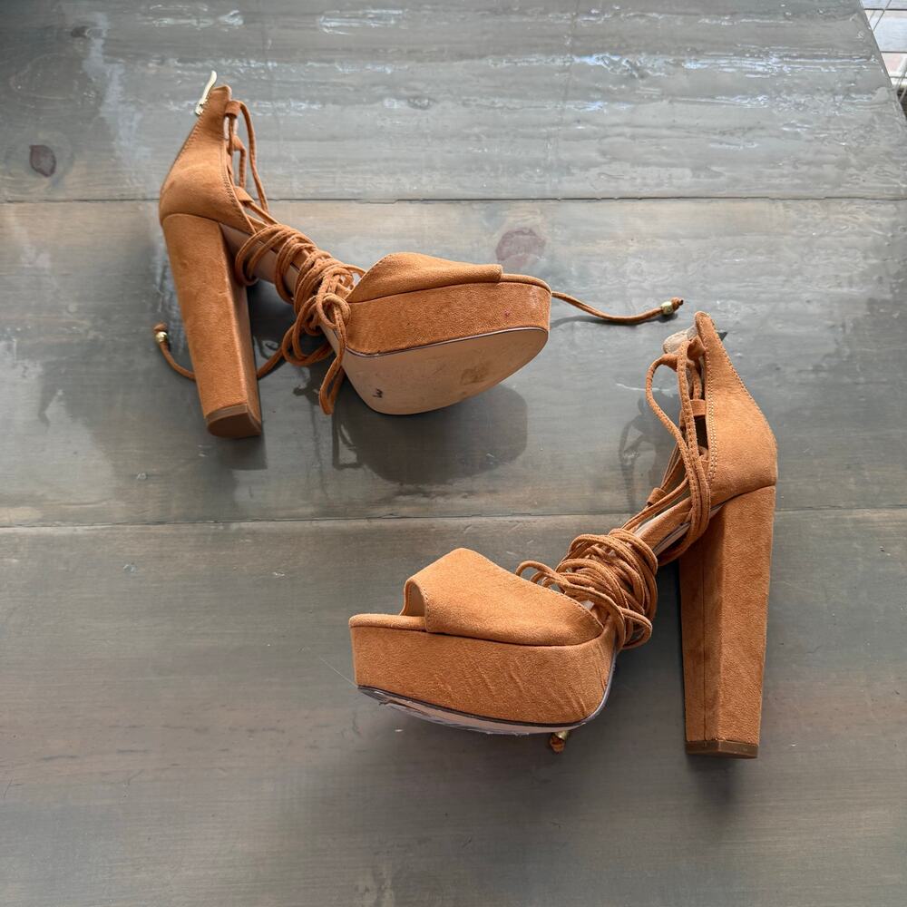 Nicole by Nicole Miller Camel Open Toe Sophia Block Heel Wedges Sz 8.5